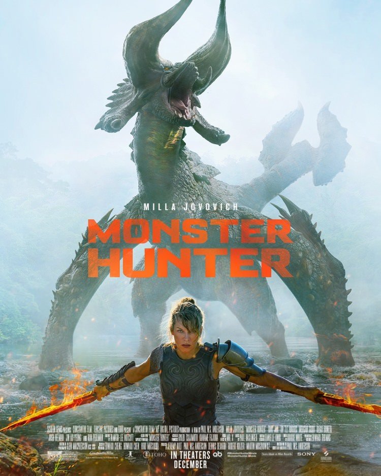 میلا یوویچ با شمشیر و هیولا در پوستر فیلم Monster Hunter / مانستر هانتر