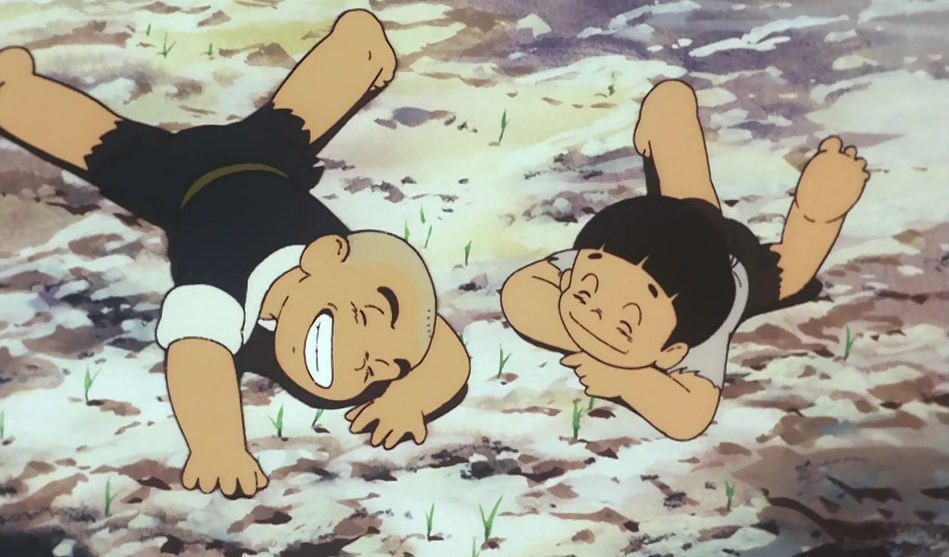 گن و برادرش خوشحال از رویش مجدد گیاهان در انیمه Barefoot Gen