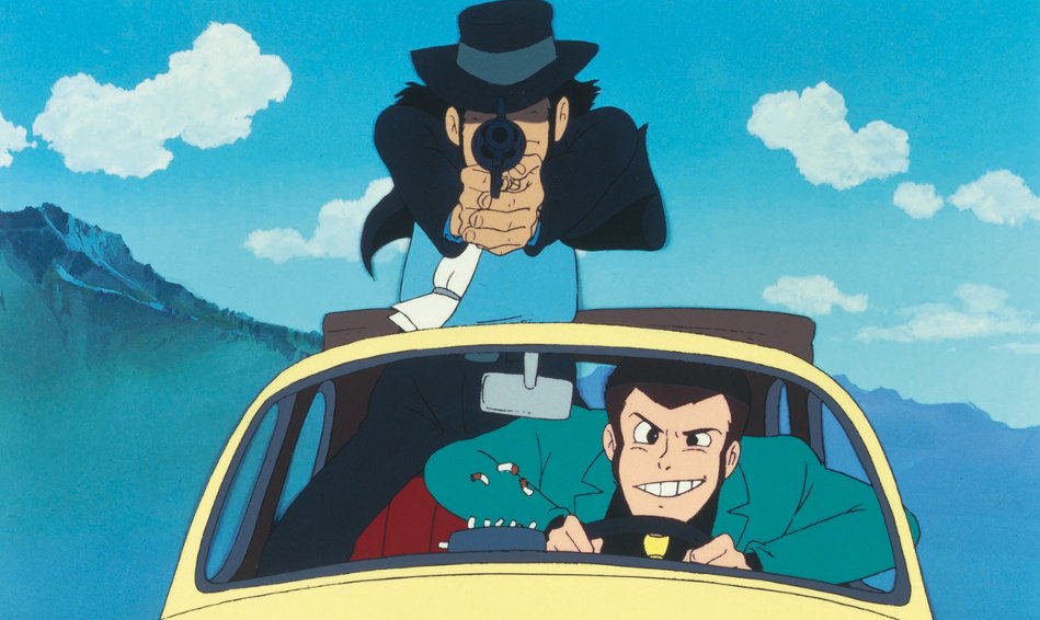 آرسن لوپن و جیگن درحال فرار با ماشین در انیمه Lupin III: The Castle of Cagliostro