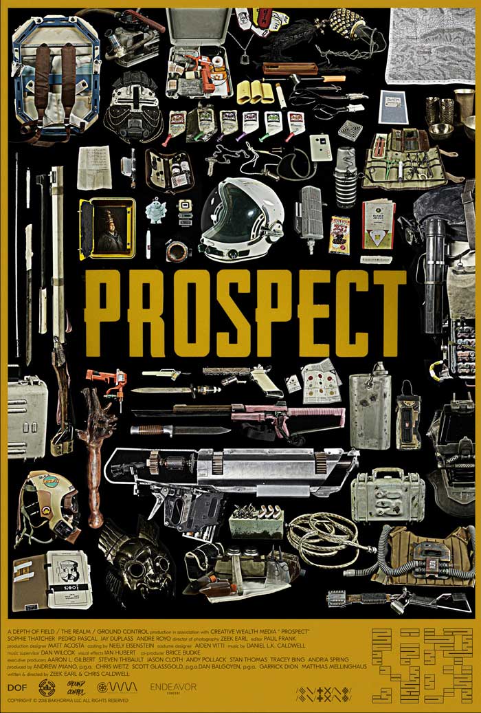 پوستر فیلم Prospect و چندین و چند ابزار فضانوردی به همراه سلاح های خاص علمی تخیلی